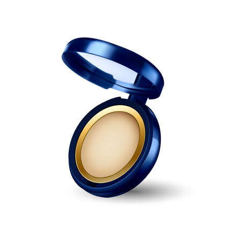Makeup Powder Facial Cosmetic Accessory Vector. Powder Face Beauty Cosmetology Portable Tool With Mirror. Glamor Product For Skin. Elegant Blusher Template Realistic 3d Illustrationのイラスト素材