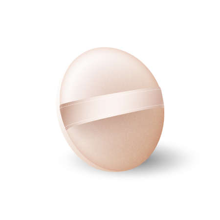 Cosmetic Puff For Compact Powder Accessory Vector. Soft Puff Of Cosmetology Blush Fashion Make-up Tool. Professional Skincare Product Brush Sponge Template Realistic 3d Illustrationのイラスト素材