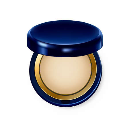 Make Up Powder Visage Complexion Cosmetic Vector. Powder Face Skin Tone And Foundation, Lady Fashionable Decoration Tool. Personal Skincare Accessory Top View Template Realistic 3d Illustrationのイラスト素材