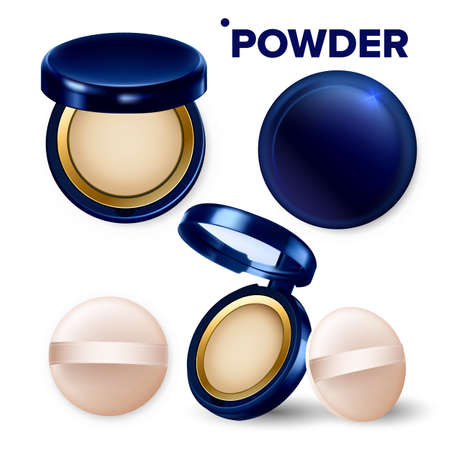 Makeup Powder And Puff Compact Cosmetic Set Vector. Powder Facial Beauty Cosmetology Portable Tool With Mirror And Soft Kit. Fashion Tonal Accessory Template Realistic 3d Illustrationsのイラスト素材