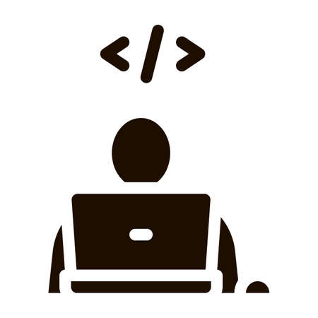 Programmer Coding Laptop Vector Icon. Write Coding System, Data Encryption Pictogram. Web Development, Programming Languages, Bug Fixing, HTML, Script Contour Illustrationのイラスト素材