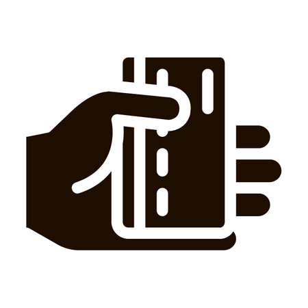 Hand Holding Plastic Card Vector Icon. Plastic Credit Card, Hotel Performance Of Service Equipment Pictogram. Business Hostel Items Monochrome Illustrationのイラスト素材