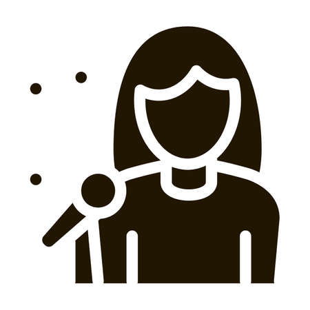 Female Singer With Microphone Sing Recital glyph icon . Microphone And Dynamic, Concert And Theater, Opera And Karaoke Pictogram. Black And White Contour Illustrationのイラスト素材