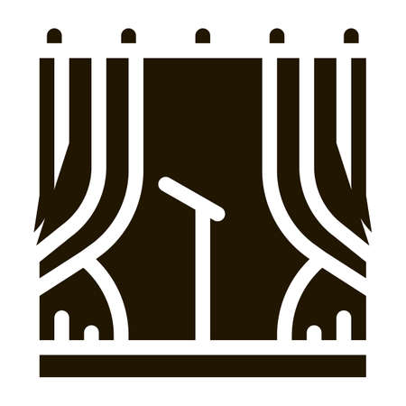 Theater Scene With Microphone Music Element glyph icon . Music Notes And Headphones, Concert, Opera And Karaoke Pictogram. Black And White Contour Illustrationのイラスト素材