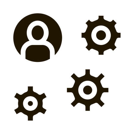 Gear Mechanism And Man Silhouette Agile glyph icon . Agile Rocket And Document, Sandglass And Package, Loud-speaker And Stop Watch Pictogram. Monochrome Illustrationのイラスト素材