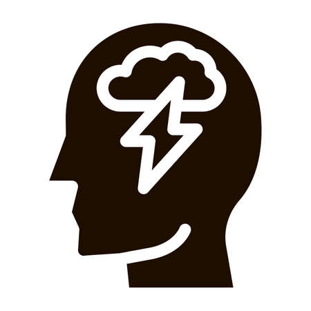 Raining Lightning Cloud In Silhouette Mind glyph icon . Gear And Brain, Heart And Shield, Padlock And Magnifier Pictogram. Black And White Template Contour Illustrationのイラスト素材