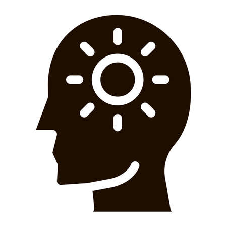 Shining Sun In Man Silhouette Mind glyph icon . Gear And Brain, Heart And Shield, Padlock And Coin Mark Pictogram. Black And White Template Contour Illustrationのイラスト素材