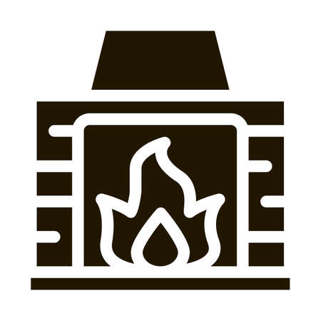 Fireplace With Fire Flame Heating Equipment glyph icon . Cool And Humidity, Airing, Ionisation And Heating Pictogram. Conditioning Related Monochrome Illustrationのイラスト素材