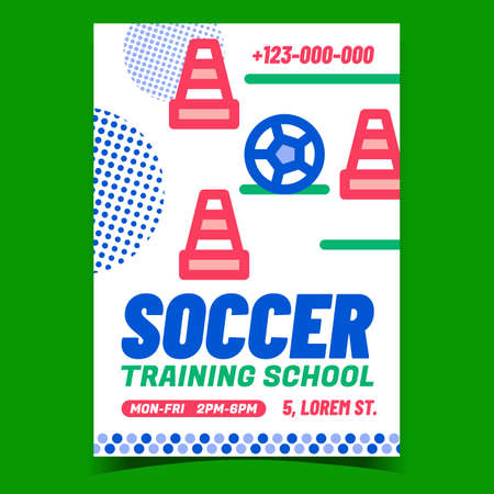 Soccer Training School Promotional Banner Vector. Soccer Game Ball And Cones Sport Educational Equipment Creative Advertising Poster. Sportive Academy Concept Template Style Color Illustrationのイラスト素材