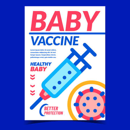 Baby Vaccine Creative Promotional Poster Vector. Baby Healthy Protection, Syringe With Medicine Liquid For Child Health Care Advertising Banner. Concept Template Style Color Illustrationのイラスト素材