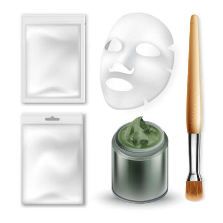 Facial Mask And Make-up Brush Cosmetics Set Vector. Face Mask Blank Sheet, Sachet And Container Cosmetology Accessories Collection. Beauty Salon Cleanser Template Realistic 3d Illustrationsのイラスト素材