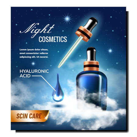 Night Cosmetics Creative Promotional Poster Vector. Hyaluronic Acid Cosmetics Blank Bottle With Pipette Advertising Marketing Banner. Skin Care Liquid Style Color Concept Template Illustrationのイラスト素材