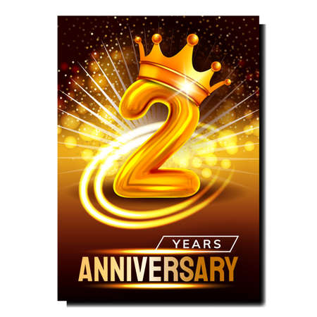 Two 2 Years Anniversary Promotional Banner Vector. Golden Crown On Number And Sparkling Lights, Second Anniversary Child Birthday Elegant Advertising Poster. Style Color Concept Template Illustrationのイラスト素材
