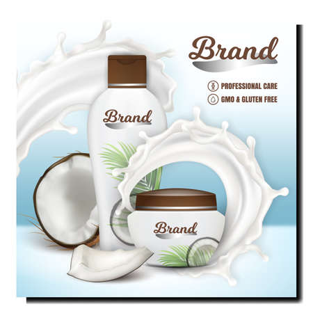 Cosmetic And Shampoo Creative Promo Poster Vector. Cream And Shampoo Blank Packages, Coconut Milk Exotic Ingredient Advertising Banner. Skin Care Therapy Style Color Concept Template Illustrationのイラスト素材