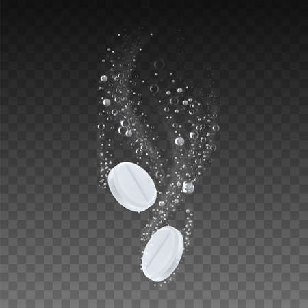 Effervescent Solubling Pills Medical Treat Vector. Headache Painkiller Drug Tablets With Bubbles Trace Solubling In Water. Healthy Medicine Paracetamol Drink Dose Layout Realistic 3d Illustrationのイラスト素材