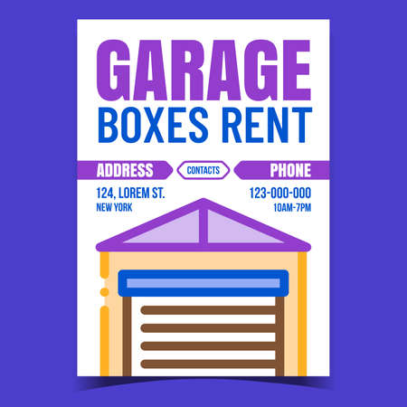 Garage Boxes Rent Creative Promotion Banner Vector. Garage Building With Metal Doors, Rental Business Advertising Poster. Construction For Storaging Concept Template Style Color Illustrationのイラスト素材