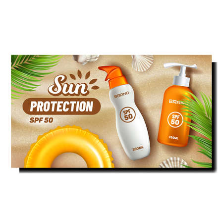 Sun Protection Cream Creative Promo Poster Vector. Sun Protect Lotion Blank Bottles With Pump And Lifebuoy, Tree Branches And Clam Shells On Sand Advertise Banner. Color Concept Template Illustrationのイラスト素材
