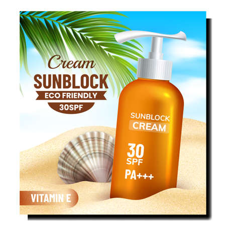 Sunblock Eco Cream Creative Promo Banner Vector. Sunblock Skin Protective Lotion Blank Container With Pump Cap And Shell On Beach Sand Advertising Poster. Style Color Concept Template Illustrationのイラスト素材