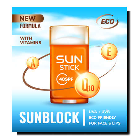 Sunblock Sun Stick Creative Promo Poster Vector. Natural Eco Sunblock Blank Container, Protective Cream With Vitamins For Face And Lips Advertising Banner. Style Color Concept Template Illustrationのイラスト素材