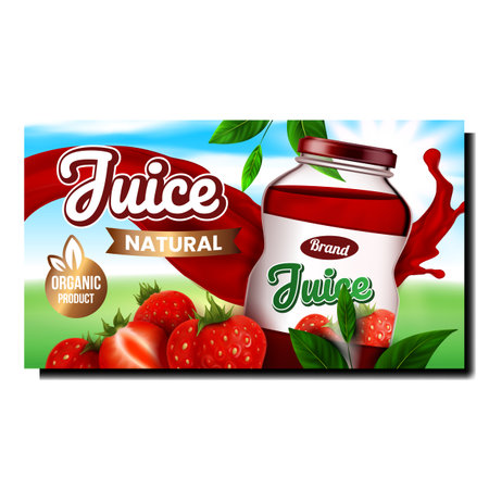 Natural Juice Creative Promotional Banner Vector. Strawberry Juice Blank Glass Jar And Nature Leaves On Advertising Poster. Organic Drink Natural Product Style Concept Template Illustrationのイラスト素材