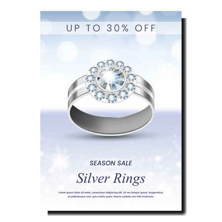 Silver Rings Creative Promotional Poster Vector. Rings Store Seasonal Sale, Fashion Accessory For Betrothal With Jewelry Stones On Advertising Banner. Luxury Gift Style Concept Template Illustrationのイラスト素材