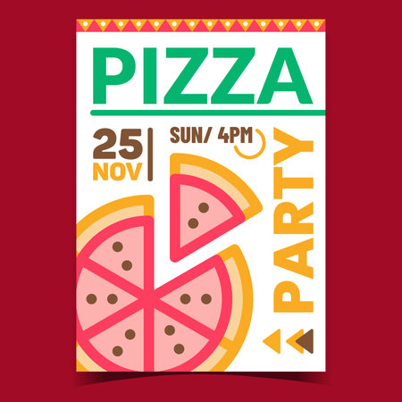 Pizza Party Creative Promotional Banner Vector. Pizza Party Invitation Or Advertising Poster. Delicious Food For Enjoying Time Of Company Event Concept Template Style Color Illustrationのイラスト素材