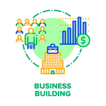 Business Building Center Vector Icon Concept. Business Skyscraper Real Estate, Corporate Commercial Construction Investment And Townhouse For Rent Offices, Company Employees Command Color Illustrationのイラスト素材