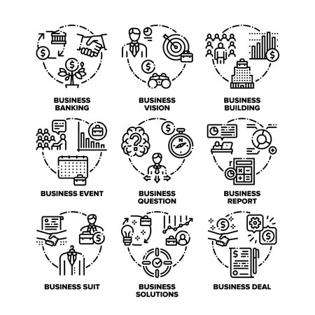 Business Goal Set Icons Vector Black Illustrations. Business Vision, Solutions And Realization, Event And Deal Agreement, Banking And Office Building, Question And Report. Black Illustrationsのイラスト素材