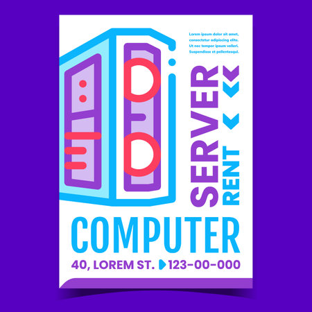Computer Rent Server Promotional Banner Vector. Server And Hosting Rental Business, Support And Advice Advertising Poster. Data Center Service Concept Template Style Color Illustrationのイラスト素材