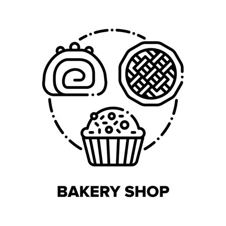 Bakery Shop Vector Icon Concept. Bakery Shop Selling Dessert Chocolate Creamy Cake With Berries, Pancake With Candies And Sweet Pie With Baked Fruit Or Jam. Delicacy Food Black Illustrationのイラスト素材