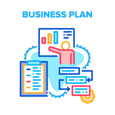 Business Plan Vector Icon Concept. Business Plan And Development Working Process, Presentation Growth Profit And Marketing Planning Checklist. Company Financial Strategy Color Illustrationのイラスト素材