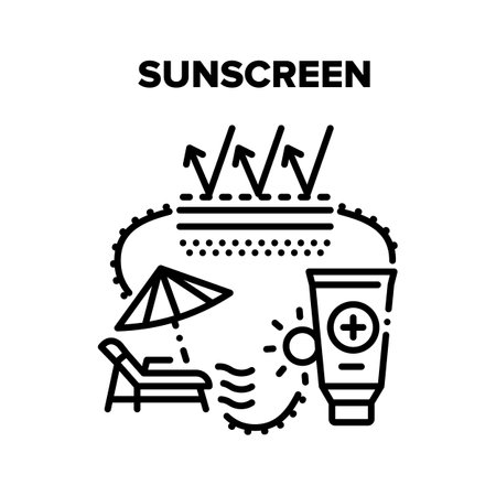 Sunscreen Cream Vector Icon Concept. Sunscreen Skin Protection Lotion, Creamy Cosmetic Tube For Protect And Skincare From Sun. Sunblock For Resting On Beach And Good Sunburn Black Illustrationのイラスト素材