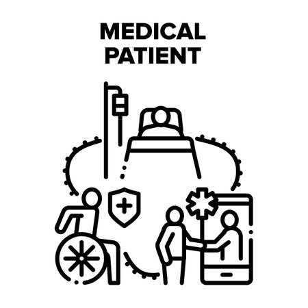 Medical Patient Vector Icon Concept. Invalid Disabled Human Riding Wheelchair, Patient Lying On Hospital Bed And Treatment Disease. Online Communication And Examination With Doctor Black Illustrationのイラスト素材