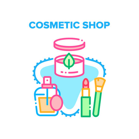 Cosmetic Shop Vector Icon Concept. Cosmetic Shop Selling Cream And Perfume, Lipstick And Brush Makeup Accessories. Aromatic Perfumery Liquid Spray And Natural Skin Care Lotion Color Illustrationのイラスト素材