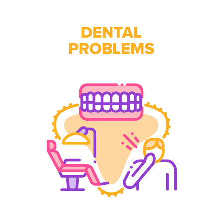 Dental Problems Vector Icon Concept. Patient With Toothache Dental Problems Treatment On Dentist Chair. Teeth Disease Treat In Medical Stomatology Clinic Cabinet Color Illustrationのイラスト素材