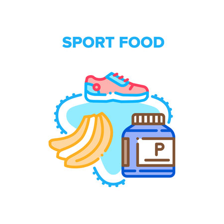 Sport Food Dish Vector Icon Concept. Banana And Supplement Bottle, Sport Food And Sportive Shoes For Training In Gym. Vitamin Nutrition And Clothes For Athletic Sportsman Color Illustrationのイラスト素材