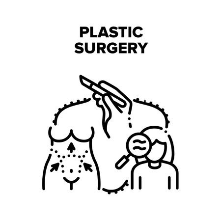 Plastic Surgery Vector Icon Concept. Liposuction And Wrinkle Tightening Cosmetology Plastic Surgery Treatment With Scalpel Doctor Equipment. Human Body Medical Correction Black Illustrationのイラスト素材