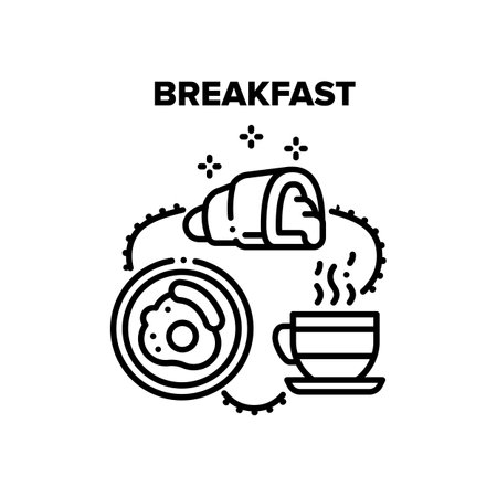 Breakfast Food Vector Icon Concept. Fried Egg With Sausage, Croissant Delicious Dessert With Jam And Energy Hot Drink Tea Or Coffee Cup, Refreshment Breakfast Nutrition Black Illustrationのイラスト素材