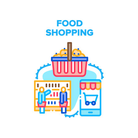 Food Shopping Vector Icon Concept. People Choosing Nutrition And Fresh Product On Grocery Counter And Putting In Shop Basket, Smartphone Application For Online Food Shopping Color Illustrationのイラスト素材