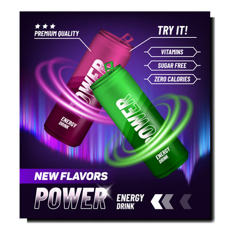 New Flavors Power Drink Promotional Banner Vector. Power Energy Drink Blank Aluminum Containers With Vitamin, Sugar Free And Zero Calories Advertising Poster. Style Concept Template Illustrationのイラスト素材