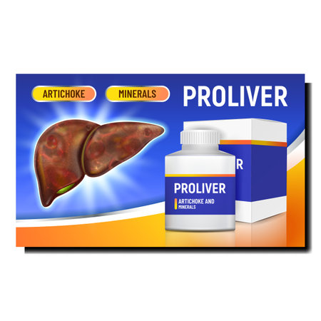 iver Pharmacy For Liver Promo Poster Vector. Proliver Blank Bottle And Package On Advertise Banner. Artichoke And Minerals Pills Ingredients For Organ Healthcare Style Concept Layout Illustrationのイラスト素材