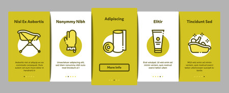 Bathing Baby Tool Onboarding Mobile App Page Screen Vector. Towel And Bathrobe, Bath Thermometer And Towel, Paper Roll And Napkin, Cream And Shampoo Illustrationsのイラスト素材