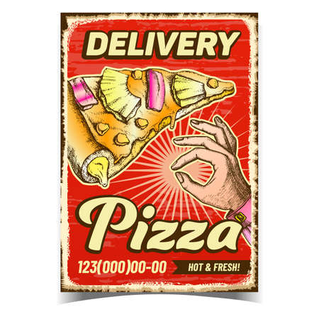 Pizza Dish Delivery Service Promo Poster Vector. Pizza Piece With Cut Pineapple, Onion. Corn And Cheese, Human Hand Gesturing Ok On Advertising Banner. Template Hand Drawn Concept Illustrationのイラスト素材