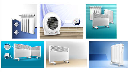 Heater Radiators Promotional Posters Set Vector Illustrationのイラスト素材