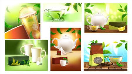 Tea Drink Promo Advertising Banners Set Vectorのイラスト素材