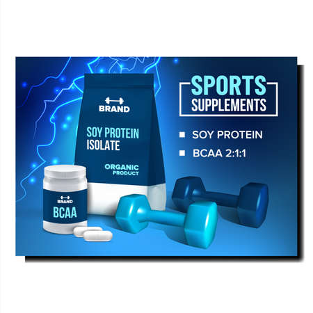 Sports Supplements Nutrient Promo Banner Vector. Soy Protein And Bcaa Sports Supplements Blank Packages, Dumbbell Sportive Tool On Advertise Poster. Organic Product Style Concept Layout Illustrationのイラスト素材