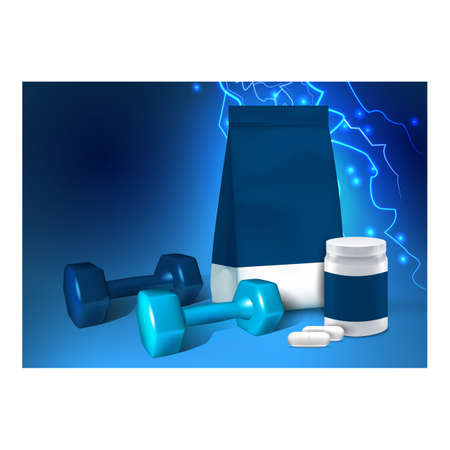 Sports Supplements Nutrient Promo Banner Vector. Soy Protein And Bcaa Sports Supplements Blank Packages, Dumbbell Sportive Tool On Advertise Poster. Organic Product Style Concept Layout Illustrationのイラスト素材