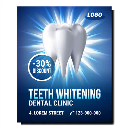 Teeth Whitening Procedure Promotion Poster Vector. Dental Clinic Enamel Teeth Whitening Service Advertising Banner. Oral Hygienic, Mouth Healthcare Treatment Style Concept Layout Illustrationのイラスト素材