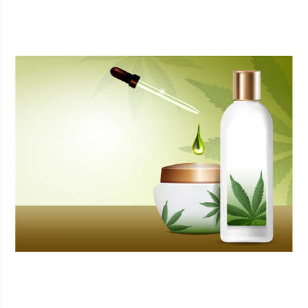 Herbal Conditioner Creative Promo Poster Vector. Herbal Conditioner And Hair Mask Blank Bottle And Container, Essential Drop Dropping From Pipette Advertise Banner. Style Concept Template Illustrationのイラスト素材