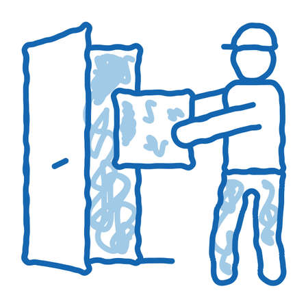 Courier with Box Enters Door sketch icon vector. Hand drawn blue doodle line art Courier with Box Enters Door sign. isolated symbol illustrationのイラスト素材
